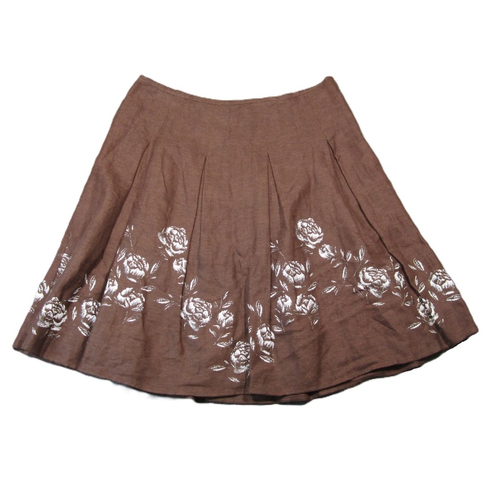 Jones New York‎ Linen Skirt 16 Brown Roses A-Line Pleated Boho Cottagecore NEW